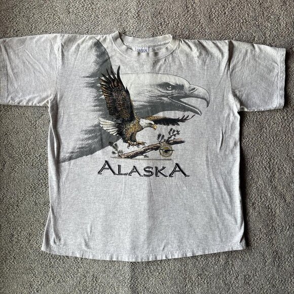 VTG 90's Alaska Nature Graphic T-Shirt Mens XL Gray Double Sided Bald Eagle - Picture 1 of 6